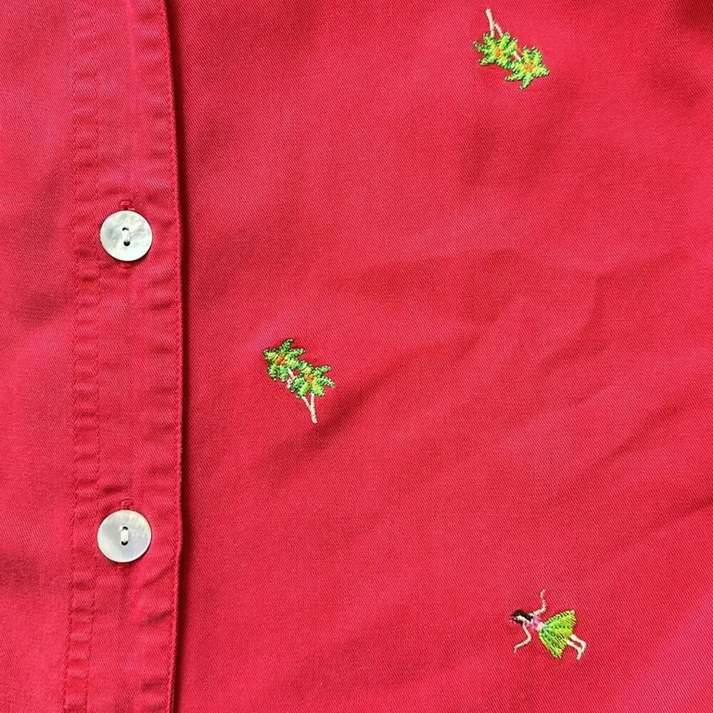 Amy K Su Embroidered Button Up Shirt Tropical Pineapples Hula Girls Red Size 2X